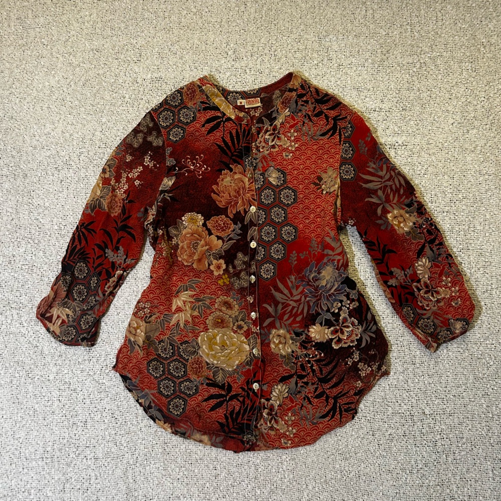Vintage Tianello Y2K Boho 100% Silk Blouse with 3/4 sleeves Size M